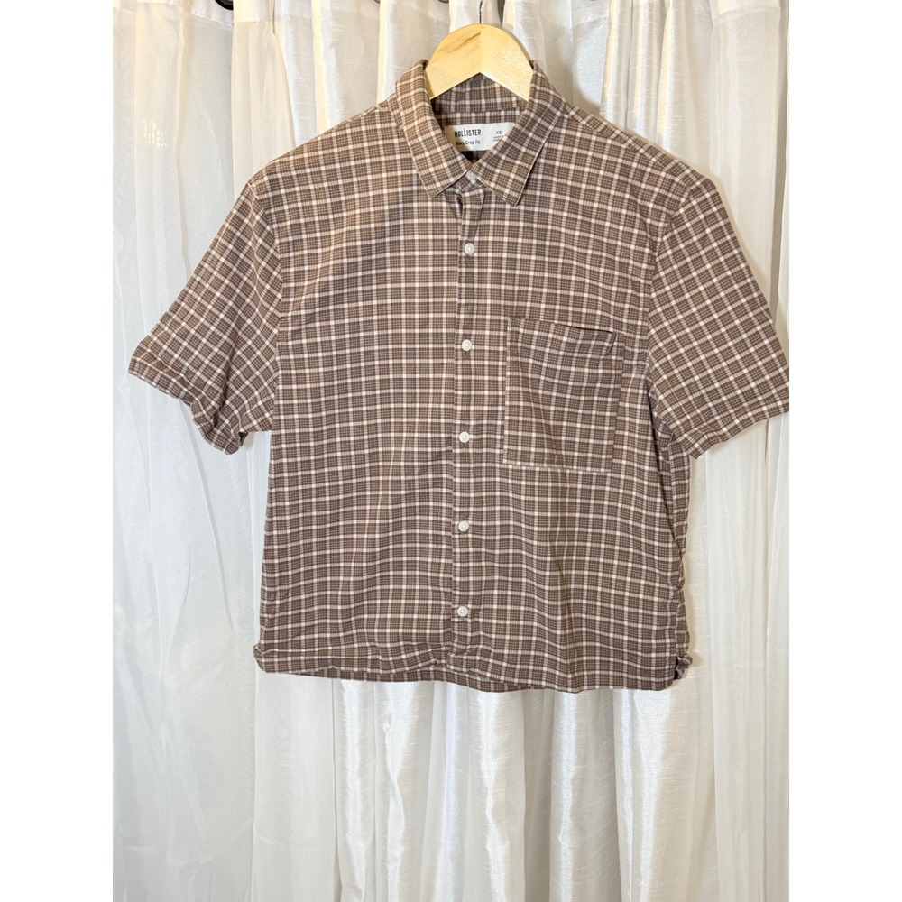 Hollister Button Down Shirt Womens XS Brown Plaid Boxy Crop Fit Short Sleeve